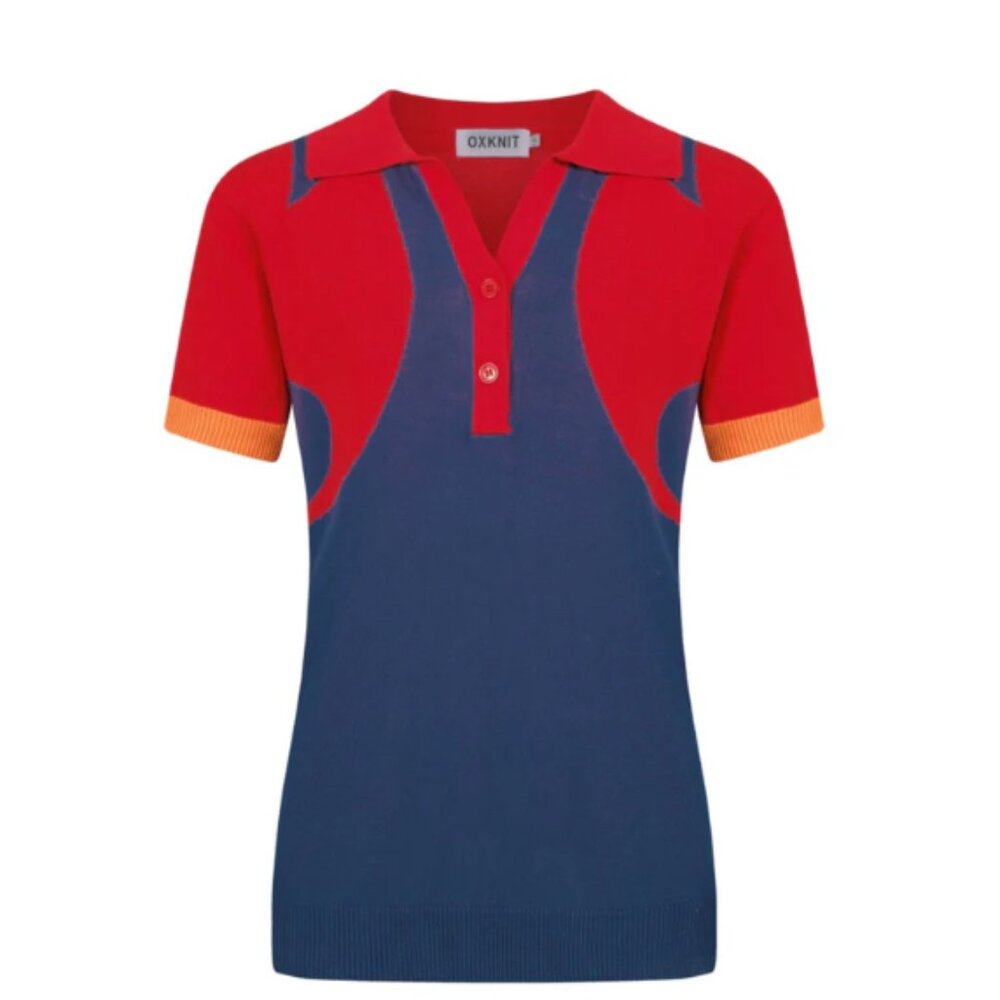 Oxknit Vintage Red Style V-Neck Knitted Polo Shirt NWT 100% Cotton Small